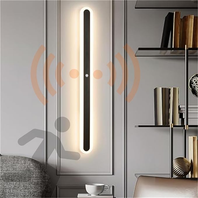 Modern LED Wall Sconce with Motion Sensor Interior Acrylic Black Wall Lamp Indoor Minimalist Long Wall Light Inside Lighting Fixtures for Living Room Bathroom Front Door Bedroom (180CM,Natural Light)