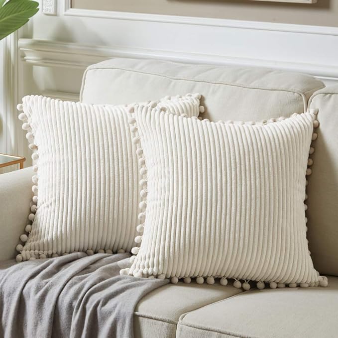 Fancy Homi Pack of 2 Corduroy Soft Decorative Throw Pillow Covers with Pom-poms, Solid Square Cushion Case Pillow Cases Set for Couch Sofa Bedroom Car Living Room (22x22 Inch/55x55 cm, Cream)