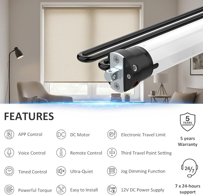Tuya ZigBee Smart Roller Shade Motor, High Torque Electric Blinds Retrofit Kit, App/Voice Control with Alexa Google, Remote & Timer, Quiet 38dB (6.0 N.m for Φ50mm (2") Round Tube)