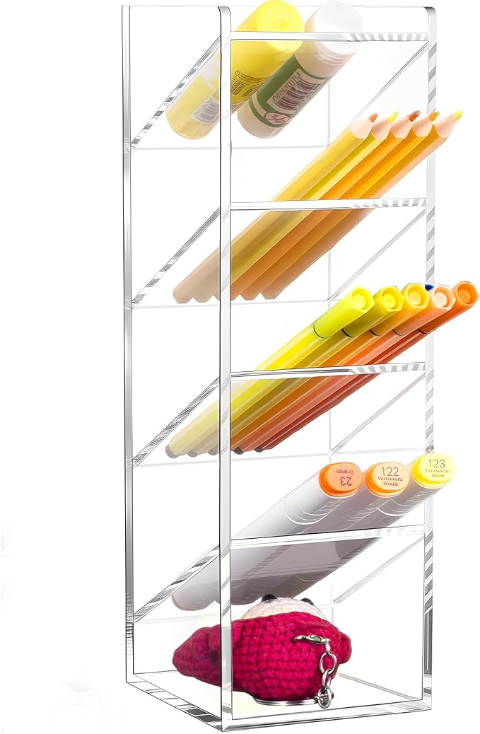 BEYGORM Acrylic Vertical Marker Organizer for 50 Markers, Desk Orgaizer | 5 Compartments Clear Angled Pen & Pencil Holder, Large Stationery & Art Supply Storage for School (10.2 x3.3 x 4 Inch)