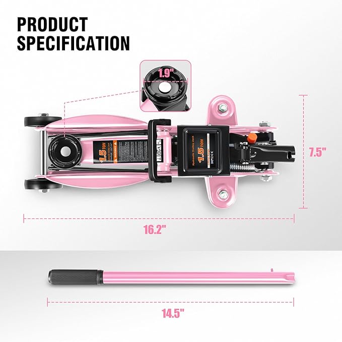 PM PERFORMOTOR Low Profile Hydraulic Trolley Service/Floor Jack, 1.5 Ton (3000 lbs) Capacity, Lifting Range 5.3"-12",Pink,PM-TOL-FJ15-PK