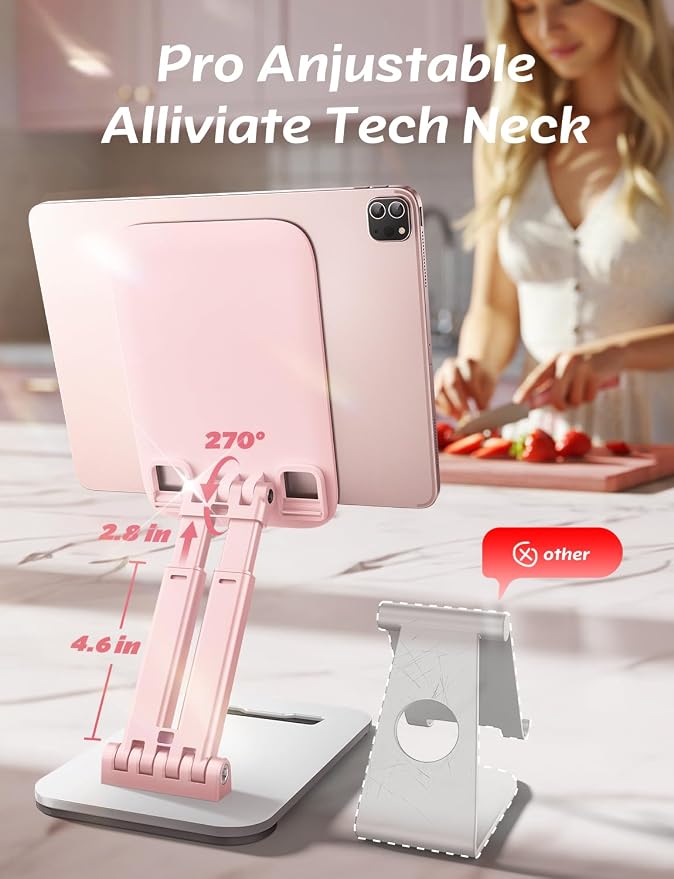 LISEN for iPad Stand Adjustable Tablet Holder Desk, iPad Accessories Pink | Foldable eBook Readers Desk Accessories Fits Kindle Stand 4-15.9"
