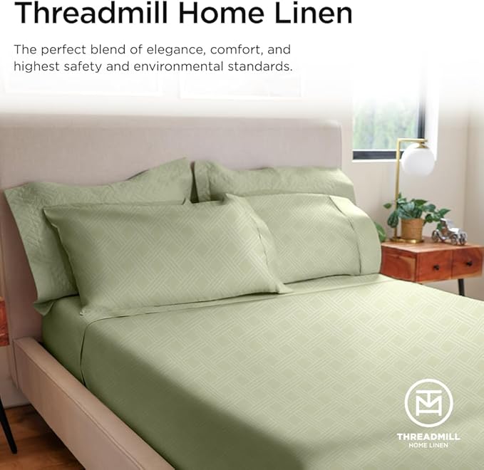 Threadmill California King Size Sheets | 800 Thread Count Jacquard Celine Sage Green | 4 Piece Striped Bed Sheets | Extra Long Staple Cotton Sheet | Luxury Damask Sheets with Elasticized Deep Pocket