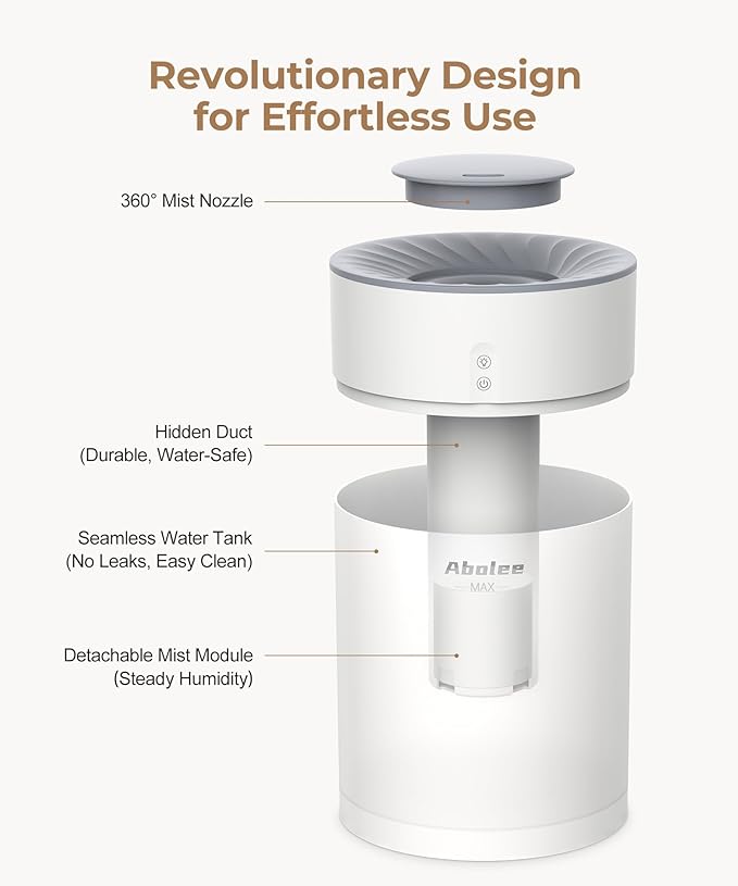 Abolee Humidifiers for Bedroom 4.5L Cool Mist with Essential Oil Diffuser, Humidifier Large Room, 24dB Quiet Air Humificador fit Baby Nursery & Plants, 360° Adjustable, Easy Fill & Cleaning (White)