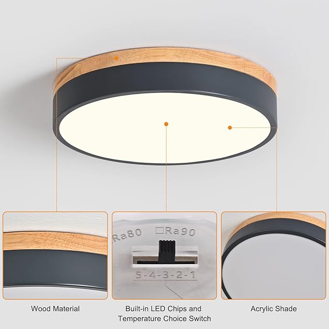 Dimmable Wood LED Flush Mount Ceiling Light, 5CCT 2700K-6000K Modern Round Close to Ceiling Lighting Fixtures, Minimalist Grey Ceiling Lamp for Bedroom, Kitchen, Laundry Room, Hallway, 11.7 in