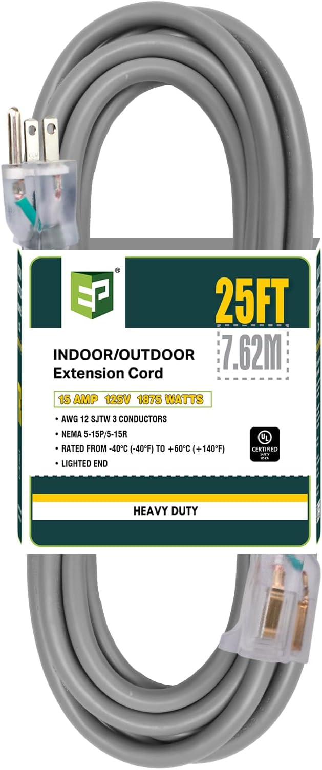 EP 25 Ft Lighted Outdoor Extension Cord - 12/3 SJTW Heavy Duty Grey Extension Cable with 3 Prong Grounded Plug - Power Cord for Lawn, Garden, Appliances