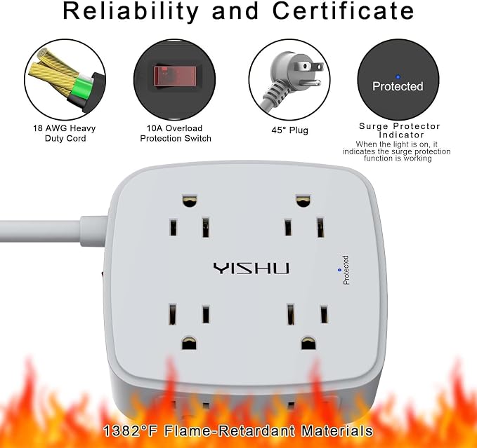 10 Ft Surge Protector Power Strip - 8 Widely Outlets with 4 USB Ports, 3 Side Outlet Extender with 10 Feet Extension Cord, Flat Plug, Wall Mount, Desk USB Charging Station, ETL, Grey