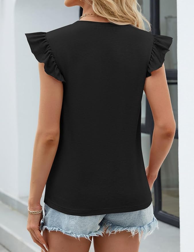 JUSTFASHIONNOW Womens Summer Tops Striped T-Shirts 2026 Ruffle Short Sleeve Crew Neck Casual Blouses with Pocket