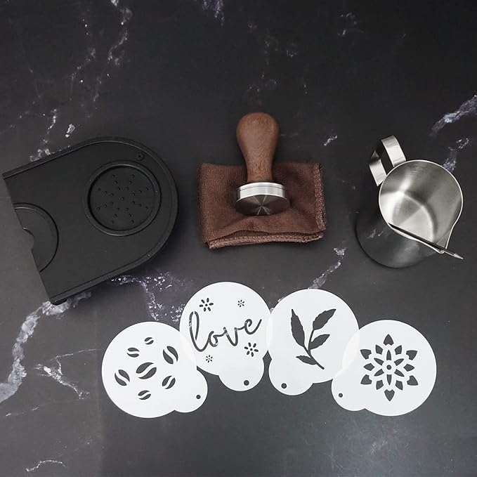 51mm Coffee Tamper Set Barista Kit for Portafilter Machine Wooden Espresso Tamper with Tamper Mat, Frothing Pitcher (350 ml/11.836 oz), Barista Towel, Latte Art Pen and Decorative Stencils