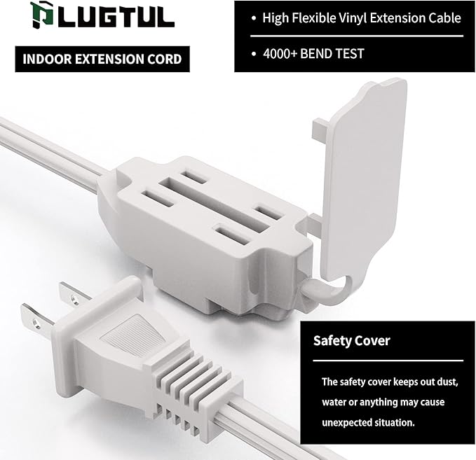 PLUGTUL Indoor White Extension Cord 6 Feet, 3-Outlet Household Extension Cord, 2 Prong, 16 Gauge, 3 Polarized Outlets with Safety Cap Protect for Home Office, 16/2 SPT-2 ETL Listed