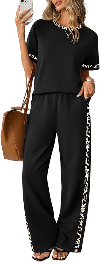 Sampeel 2 Piece Sets for Women Matching Sets Summer Outfits Resort Wear Short Sleeve Lounge Set Wide Leg Pants with Pockets