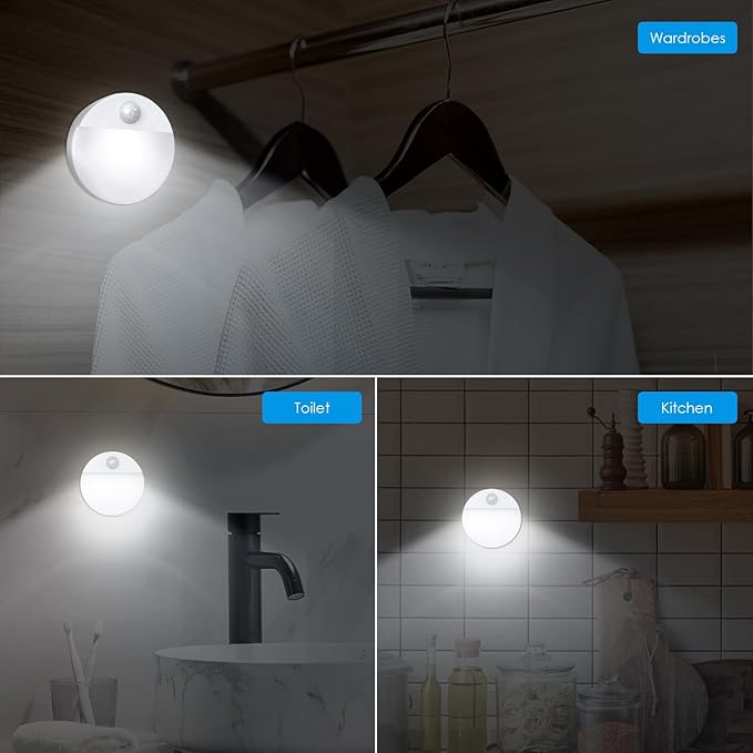 AMIR Upgraded Mini Motion Sensor Light Battery-Powered, Cordless Stick-on LED Night Light, Wall Light, Closet Lights, Safe Lights for Stairs, Hallway, Bathroom, Kitchen, Cabinet (Pack of 6 - White)