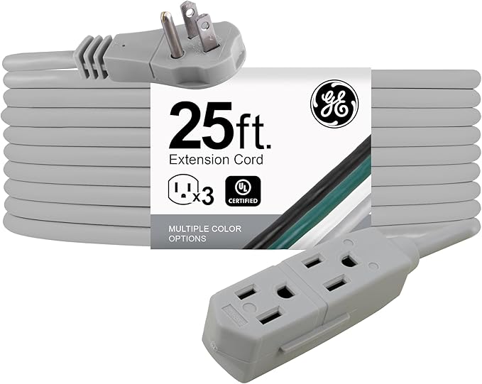 GE 3-Outlet Flat Extension Cord 25 Ft Grounded Extension Cord with Multiple Outlets 3 Prong Outlet Extender Flat Plug Indoor Power Strip 16 Gauge UL Listed Gray, 43025
