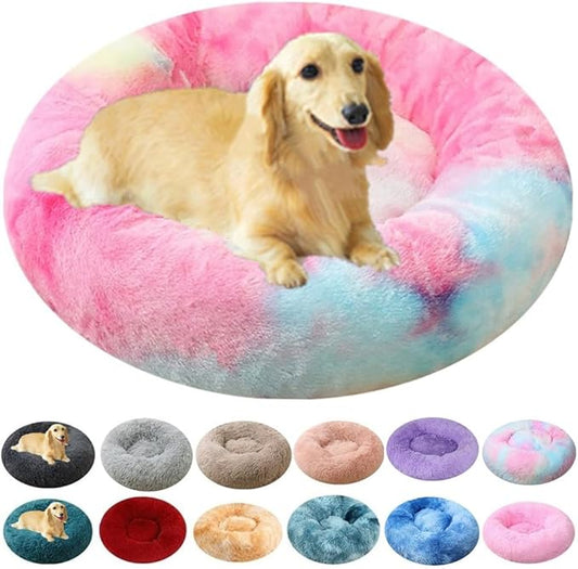 Calming Donut Dog & Cat Bed, 36 Inch Round Fluffy Dog Beds for Small Medium Large Dogs and Cats Anti-Anxiety, Puppy Bed, Washable Round Cozy Soft Pet Bed (Rainbow)