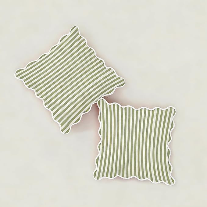 Scalloped Throw Pillow Covers | Decorative Couch Pillows | Cute Stripe Pillow Cases | Boho Sytle for Living Room (Green & White, 24x24 Inch)