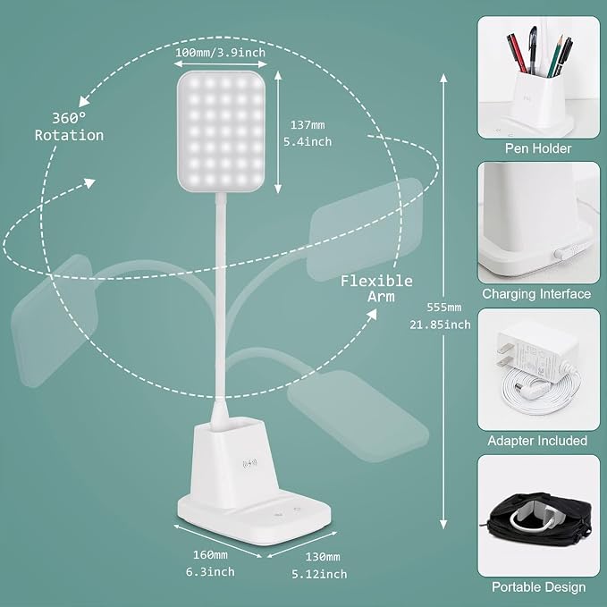LED Desk Lamp with 10W Wireless Charging & Pen Holder, Snow White | CRI 95, 800LM, Stepless Dimming, 3 Modes, 360°Flexible Arm, Touch, Study Table Lamp for Home Office, Dorm Room, with Adapter