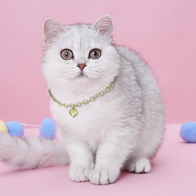 HOWWFALY Dog Collar and Cat Chain Necklace Stainless Steel Adjustable 18K Gold Heart-Shaped Necklace for Small Pets Cats Kitten Puppy (Gold, 10 inch)