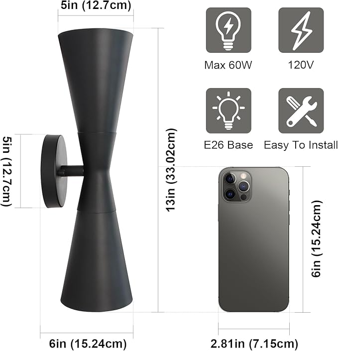 Wall Sconce Bathroom Sconces Lighting, 13 inch Black Modern Sconces Up Down Lights Wall Decor Indoor Wall Light Fixtures for Living Room Hallway Staircase Bedroom Hardwired