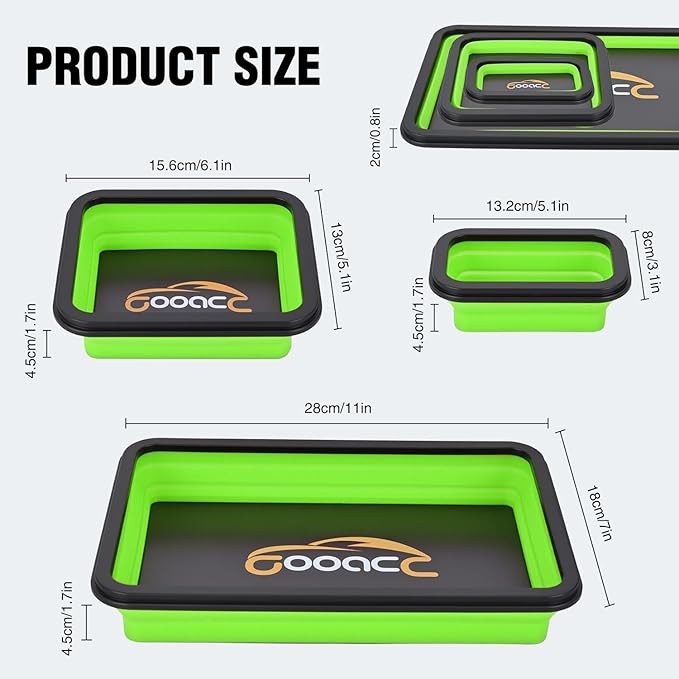 GOOACC 3 Sizes Collapsible Magnetic Parts Tray Set Green Silicone Foldable Tool Trays Organizer for Screws Bolts Nuts Pins Washers and Other Small Metal Parts Double Sided Magnet Base