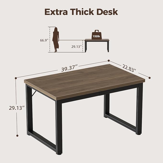 Mericonia 40 Inch Computer Desk, 1.2" Thick Small Office Table, Walnut | Modern Simple Style, Heavy Duty Industrial Frame, Small Study & Writing Table for Home Bedroom Work