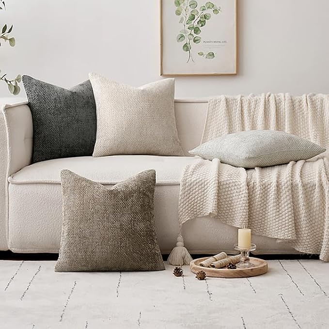 MIULEE Pack of 4 Couch Throw Pillow Covers 18x18 Inch Neutral Soft Decorative Chenille Pillow Covers Farmhouse Boho Cushion Covers for Mid Century Modern Spring Home Decor Sofa Bedroom Living Room