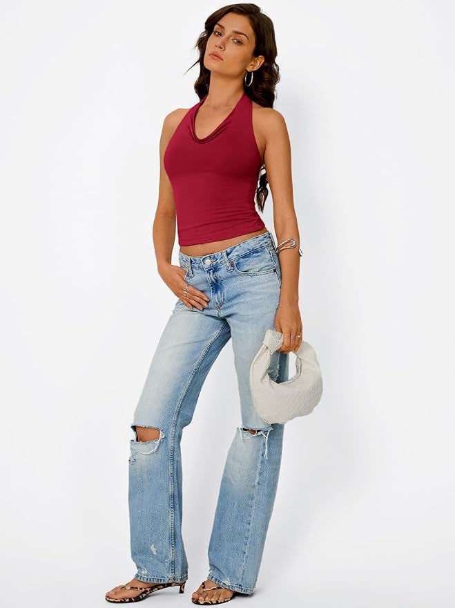 Trendy Queen Halter Tops for Women Going Out Summer Top | Cowl Neck Shirts, Sexy Backless, Fashion Y2K Clothes, Perfect for Party, Club, Vacation, Pair with High-waisted Bottoms