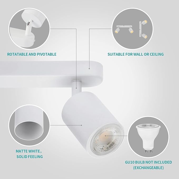 2 Way Track Lighting Kit Flexibly Rotatable Track Light Ceiling Kitchen LED Ceiling spot Light for Bedroom, Picture Wall, Hallway, Office, Bar, GU10 Socket (White-2)