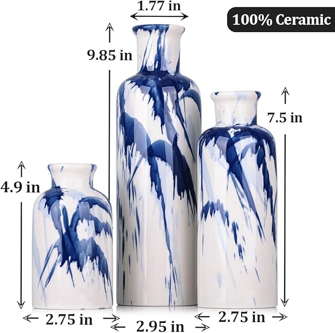 Blue Ceramic Vase Set - 3 Decorative Navy Blue and White Vase for Centerpieces, Farmhouse and Home Decor - Ideal for Living Room, Kitchen, Bedroom, Dining Table and Office Decor