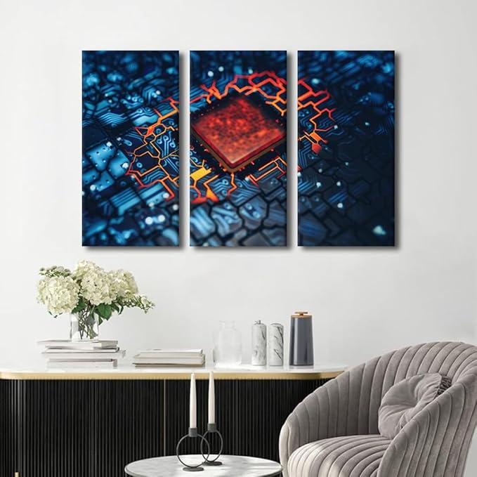 3 Pieces Canvas Wall Art Motherboard Digital Chip Wall Decor for Living Room Computer Processors CPU Artwork Posters and Prints Giclee Modern Decor Framed Gallery-Wrapped Ready to Hang(24" Wx36 H)