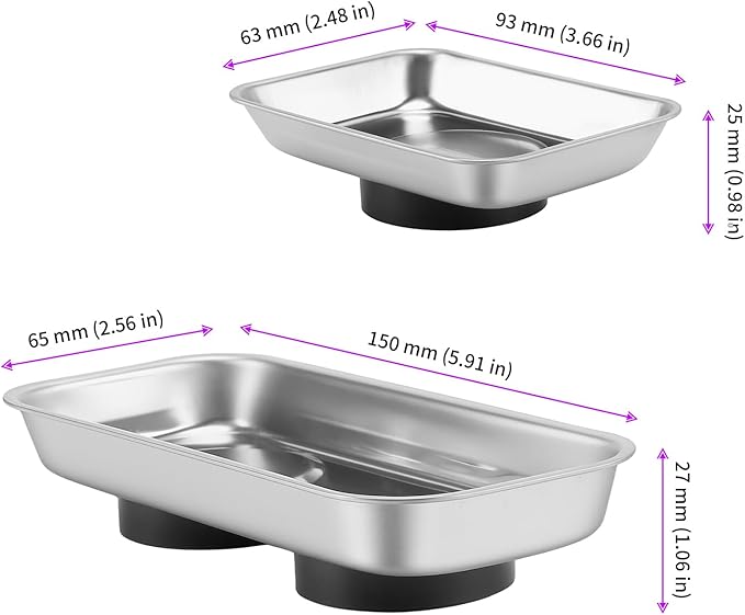 JEUIHAU 12 Packs Magnetic Tray, Stainless Steel Magnetic Parts Tray, Silver Magnetic Tool Tray for Collecting Wrenches, Screws, Bolts, Nuts, Small Parts, 3.6 x 2.4/5.9 x 2.5 Inches