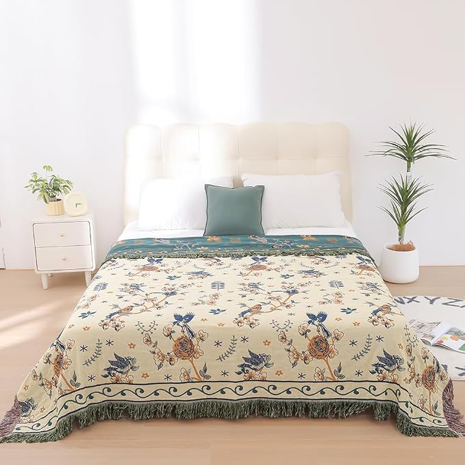VANJOROY Boho 100% Cotton Large Throw Blanket - All Season Rustic Ultra Soft Breathable Floral Bird Blanket for Bed Sofa Couch Chair Bedspread Quilt Gift, 80" x 90"-Teal/Beige