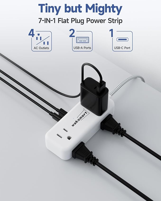 Flat Plug Extension Cord 20 FT with 4 AC Outlets 3 USB Ports (5V/3.4A 17W), 20Ft Long Braided Cord for Home Office College Dorm