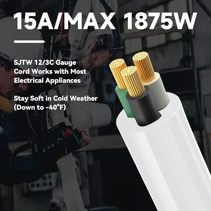 Indoor Outdoor Extension Cord, 12 Gauge 3 Prong Weatherproof Heavy Duty White Extension Cords，12/3 SJTW 15A 25 FT Extension Cable for Garage, Garden and Home, UL Listed