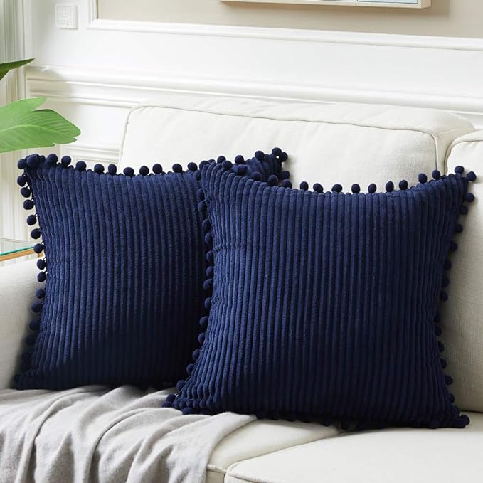Fancy Homi Pack of 2 Corduroy Soft Decorative Throw Pillow Covers with Pom-poms, Solid Square Cushion Case Pillow Cases Set for Couch Sofa Bedroom Car Living Room (20x20 Inch/50x50 cm, Navy Blue)