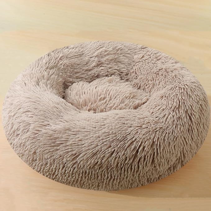Calming Small Dog Bed Cat Bed, 36 Inch Donut Fluffy Anti-Anxiety Round Bed Washable Cute Bed, Cuddler Warming Cozy Soft Bed, Plush Cushion Bed for Small Medium Dogs and Cats (Khaki)