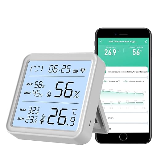Smart WiFi Temperature Humidity Sensor, Wireless Thermometer Hygrometer, Built-in Clock and Time Display,Smart Temperature Humidity Monitor withTuya App,Compatible with Alexa,Google Home,Siri (White)