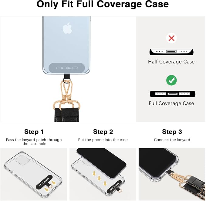 MoKo Universal Phone Lanyard, Braided Adjustable Cell Phone Crossbody Strap Detachable Women & Men Cellphone Lanyards Around The Neck with Patches for iPhone, Most Smartphones, Black & Gray