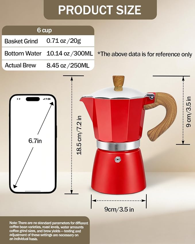 Coffee Maker Stovetop Espresso Maker 6 Cup Aluminum Moka Pot Percolator 10oz 300ml Easy Brewing for Electric Ceramic Stoves Home Camping Italian Cuban Café Classic Red