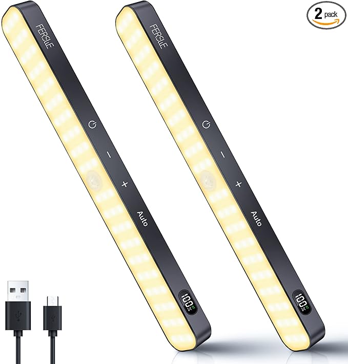 Ferswe Motion Sensor Light Indoor Rechargeable, Battery Level Display, 60 LED Motion Sensor Closet Lights, Dimmable Touch Control, Under Cabinet Lights for Kitchen, Closet, Cupboard(2 Pack)