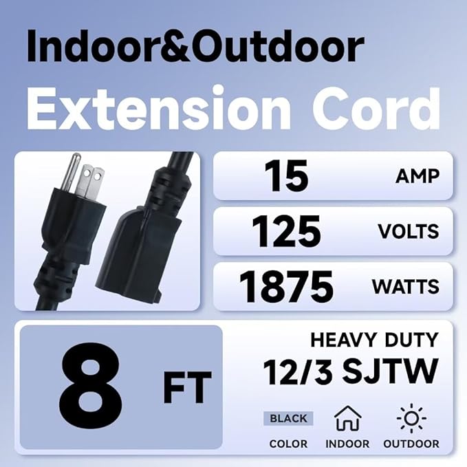 Indoor Outdoor Extension Cord, 12 Gauge 3 Prong Weatherproof Heavy Duty Black Extension Cords, 12/3 SJTW 15A 8 FT Extension Cable for Garage, Garden and Home, UL Listed