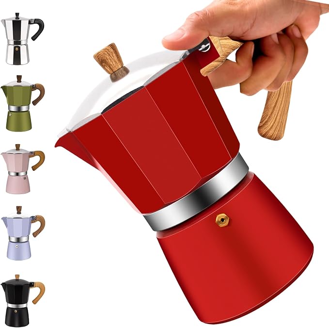6 Cup Aluminum Moka Pot Classic Stovetop Espresso Coffee Maker 300ml 10oz Coffeemaker Percolator Mocha Pot Greca Coffee Maker Cafe Makers for Italian and Cuban Café Brewing Red
