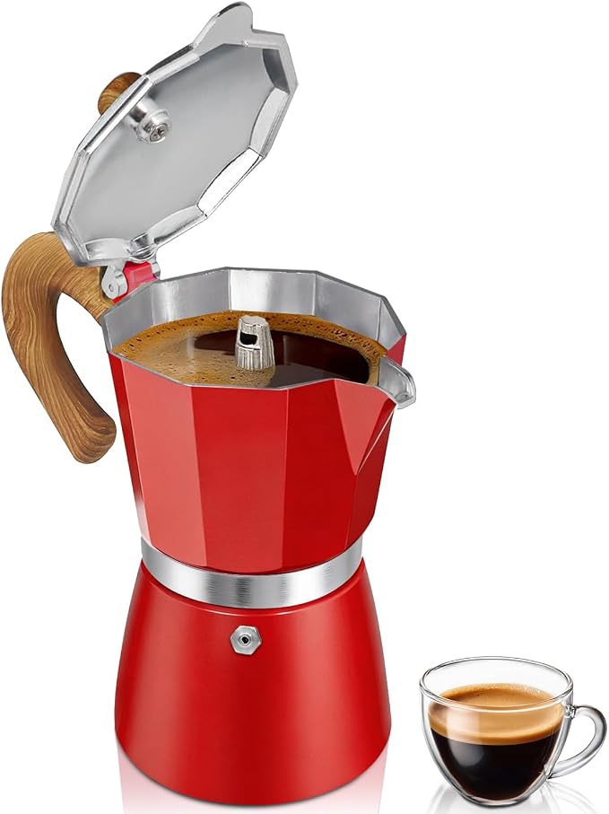 Coffee Maker Stovetop Espresso Maker 6 Cup Aluminum Moka Pot Percolator 10oz 300ml Easy Brewing for Electric Ceramic Stoves Home Camping Italian Cuban Café Classic Red