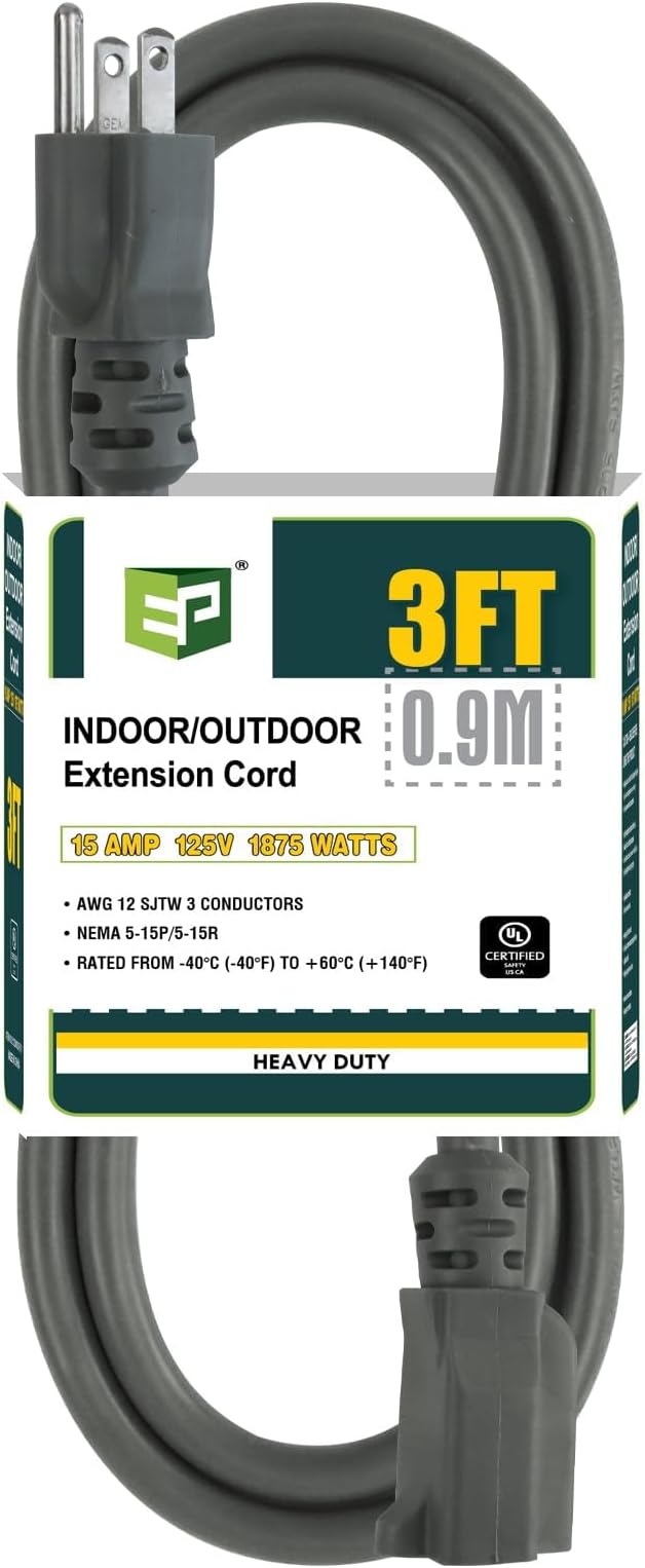 EP 3 Ft Extension Cord, 12/3 SJTW Heavy Duty Extension Cable with 3 Prong Grounded Plug, 15 AMP Power Cord for Lawn, Garden, Appliances, Gray