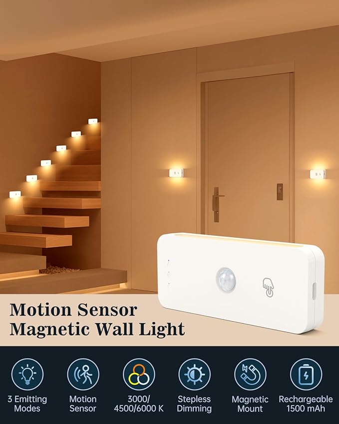 Yiliaw Motion Sensor Night Lights Indoor - Rechargeable Stick-On Stair Lights with Wireless Magnetic Mount, Adjustable Brightness & 3 Color Temps for Hallway, Stairway, Bathroom, Closet (2-Pack)