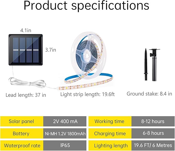 Solar LED Strip Lights Outdoor Waterproof Solar Powered Rope Light 19.6FT 180 LED 6000K White Cuttable Tape Lighting for Outside, Pool, Stair, Sign (Upgraded Version)