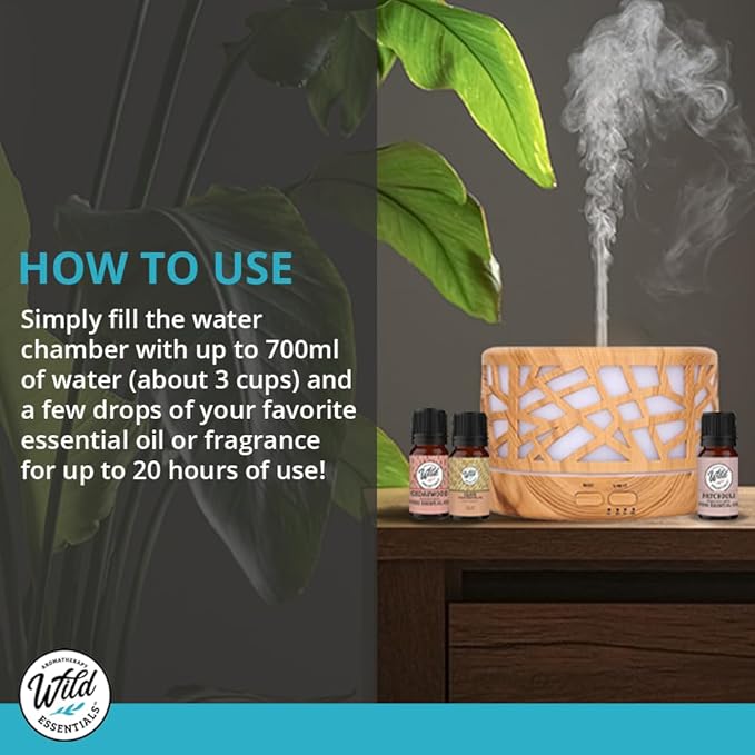 Wild Essentials 700ml Designer Large Room Essential Oil Diffuser, 5 in 1 Ultrasonic Aromatherapy Vaporizer Cool Mist Humidifier, Home, Office Bedroom, Timer, Auto-Off, 7 Color LED Dark Wood Branches