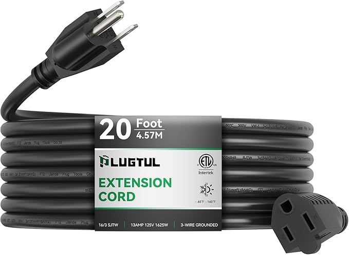 PLUGTUL Extension Cord 20 FT, 16/3 Outdoor Extension Cord Waterproof, Heavy Duty 3 Prong Extension Cord Black, 13A 1625W SJTW, ETL Listed, Great for Garden and Home