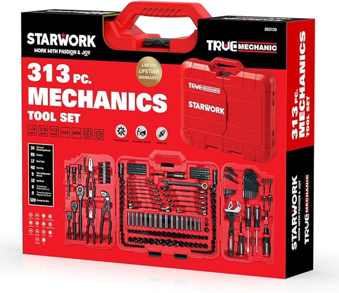 STARWORK TRUE MECHANIC™ 313-Piece Mechanics Tool Set and Socket Set, Professional SAE/Metric