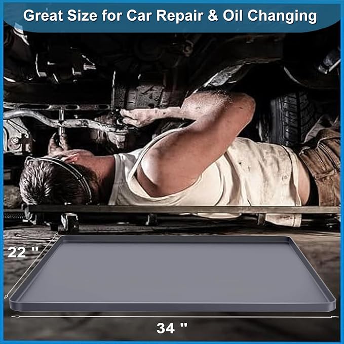 Oil Spill Mat Oil Drip Pan Under Car, Garage Floor Mat Drip Tray, Soft Silicone Pad With Raised Edge, Liquid Drain Pan Catcher Automotive Tray, Driveway Pad For Liquid Leaks Non-Slip No Splatter 34x22