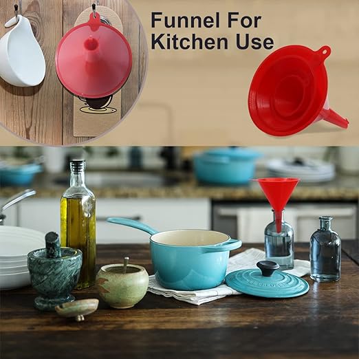 KongNai 4 Pieces Plastic Funnel Set for Kitchen and Automotive Use, Mini, Small, Medium and Large Funnel for Filling Bottles, Canning, Cooking, Lab or Car Oil Funnels (Red)